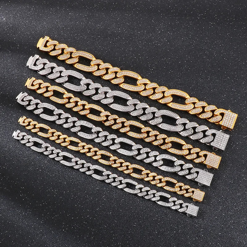 S&S 2PCS/SET European and American Stainless Steel Hip-hop Full Diamond Cuban Chain Stainless Steel Men's Necklace Bracelet Set 2