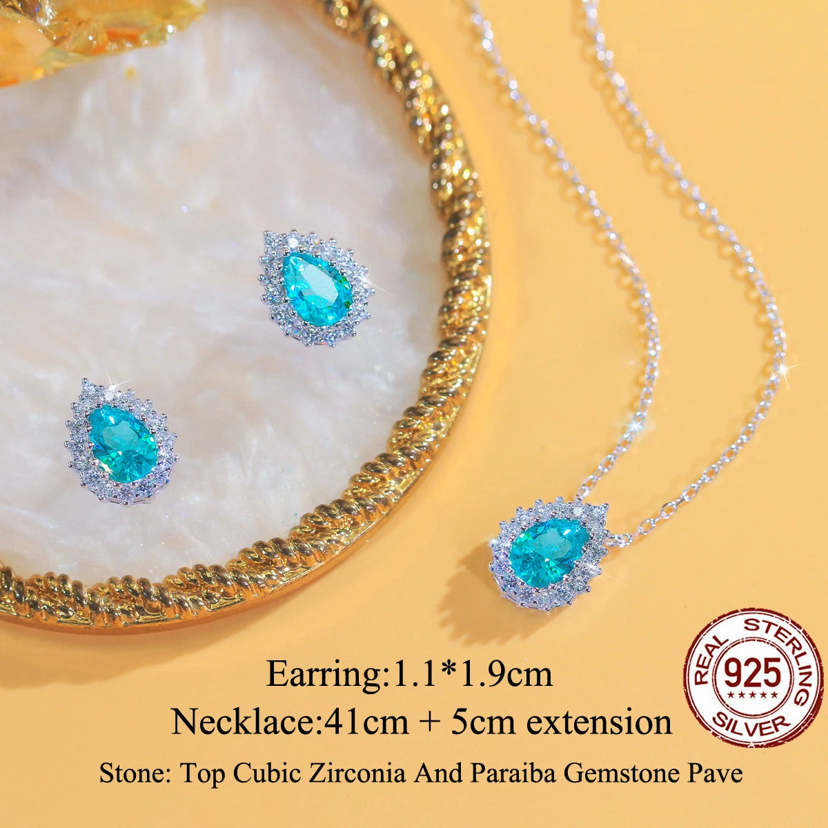 Elegant Fine Zirconia Jewelry Set 925 Sterling Silver Blue Paraiba CZ Drop Pendant Necklace Earrings Jewelry Set for Women Party