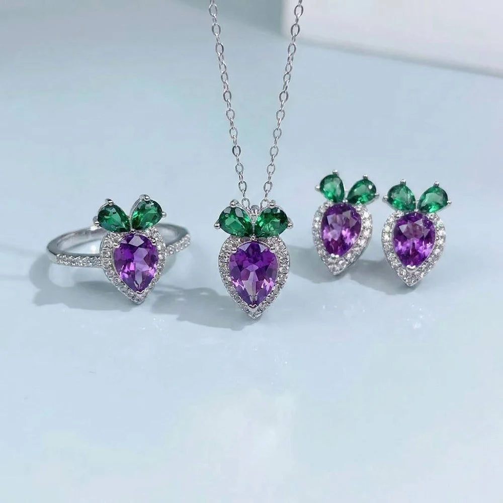 S&S Natural Amethyst 925 Silver Jewellery Set | Pear Cut Purple Gemstone Ring, Pendant & Earrings | S&S Collection