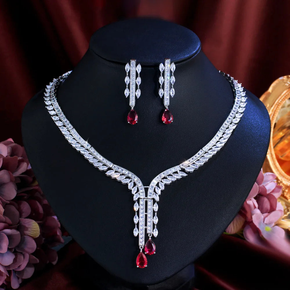 Luxury Pear-Cut Zirconia Ruby Red Tassel Necklace & Earrings Bridal Set — Rhodium Plated