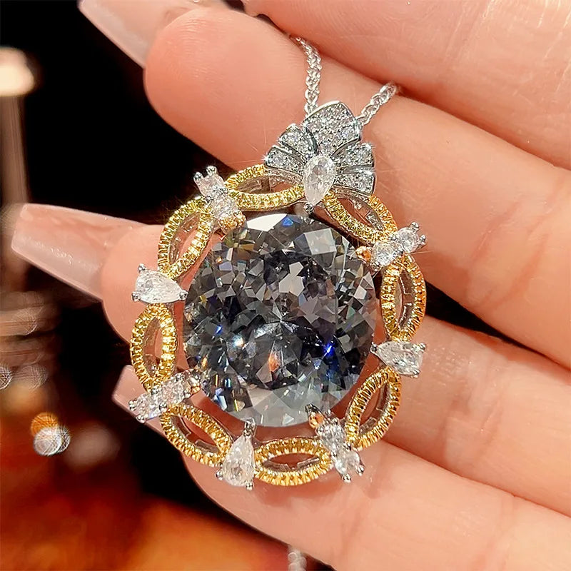 REDheart Copper Inlaid Zircon Gold-Plated Two-Color Line Trendy Pendant Flower Shape Women's Party Wedding Engagement Black Gray Brushed