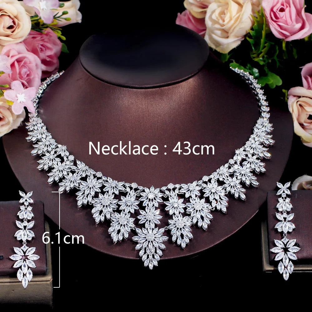 Luxury Big Statement Heavy Cubic Zirconia Women's Long Tassel Wedding Necklace and Earrings Pageant Jewelry Sets for Brides