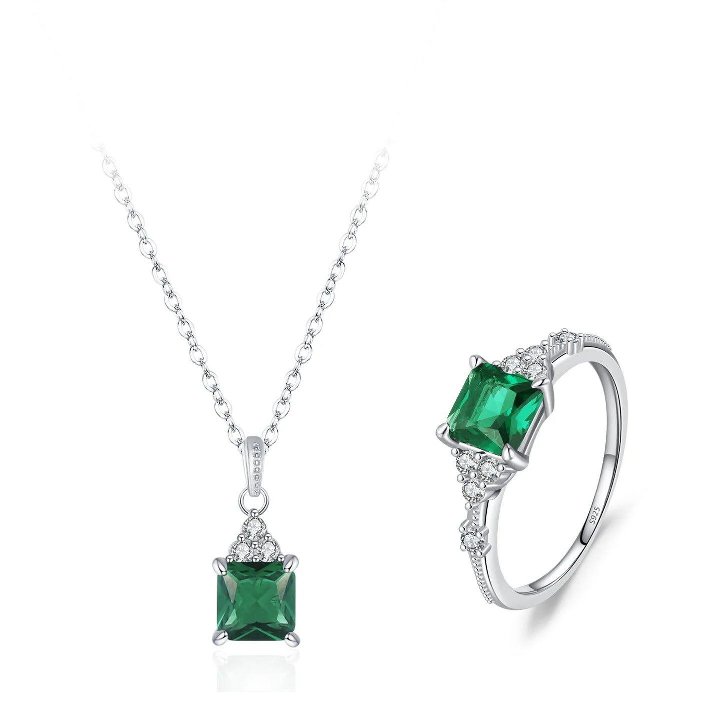 Premium 925 Sterling Silver Green Square Diamond Ring Necklace Niche Design Luxury Casual Set Gift Set