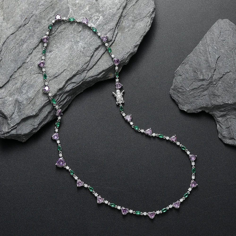 Luxury 16/18inches Purple Heart-Shaped Zircon Charm Tennis Necklace for Women Valentine Gift-Fashion Chains