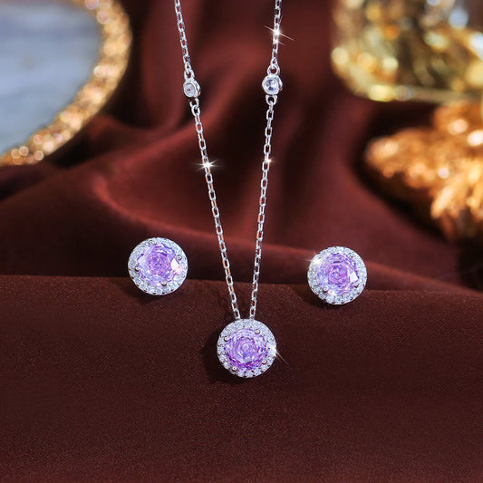 S925 Solid Silver Charming Rose Flower CZ Purple Round Pendant Necklace and Earring Jewelry Set for Ladies Fine Jewelry