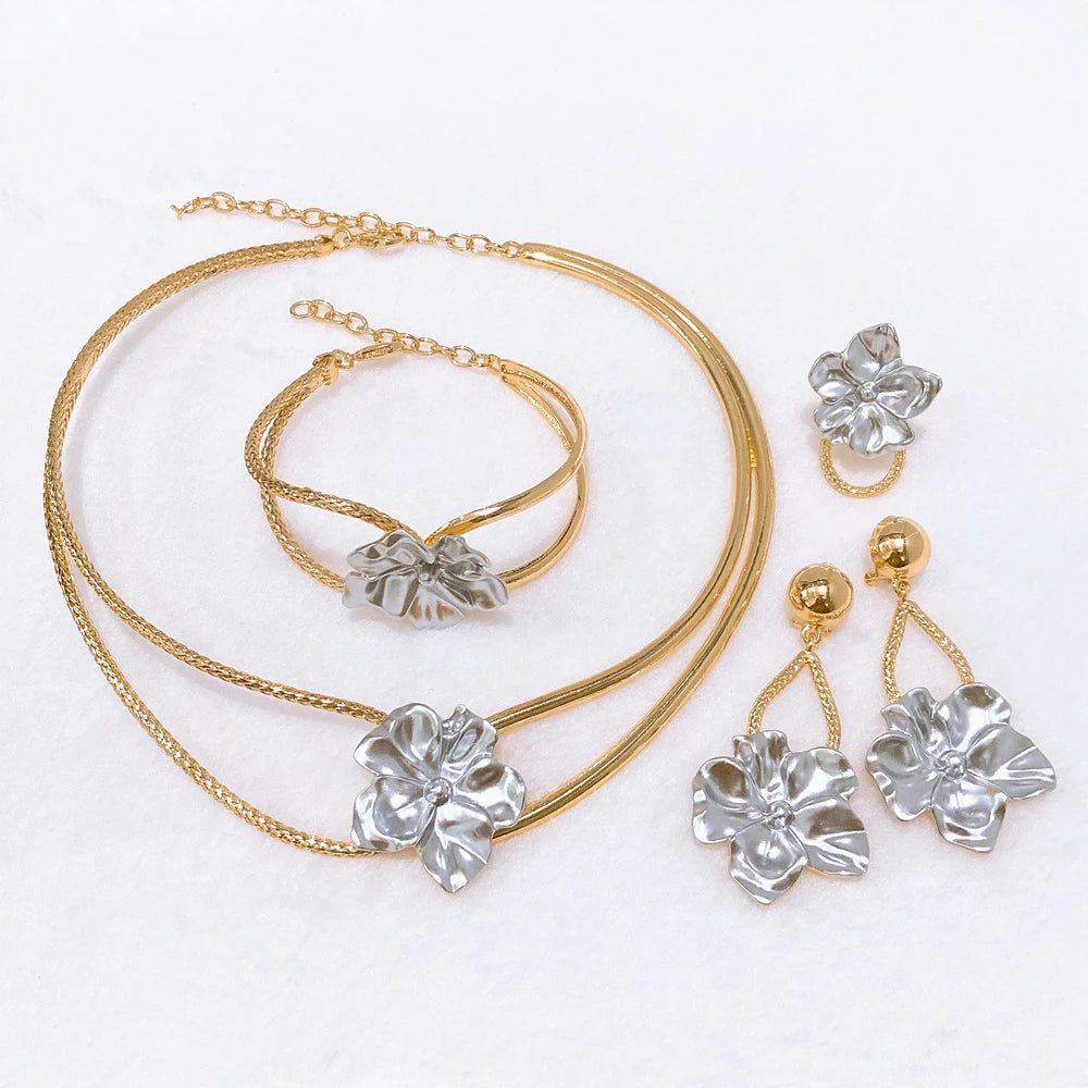 Brazilian Flowers Jewelry Sets Gold Silver Italian Jewelry Set Wedding Party Brass Necklace Bracelet Earrings Ring Jewelry