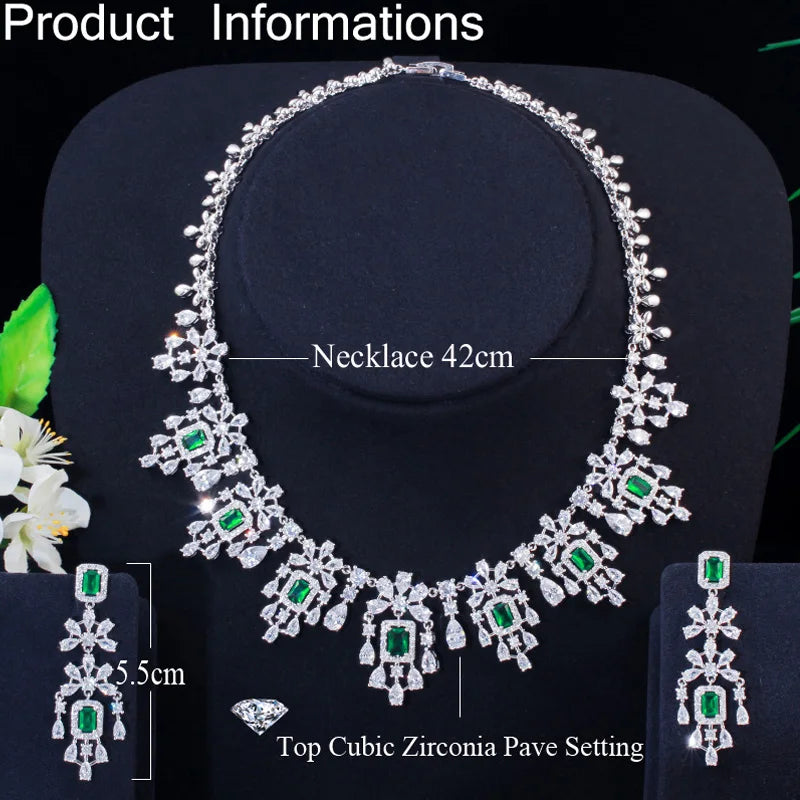 Luxury Green Cubic Zirconia Women Wedding Party Bride Necklace Earrings Jewelry Sets Bridal Dress Accessories