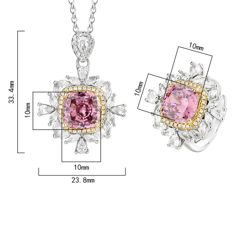 Gemfiori French Square Crystal Zircon Necklace Ring Jewelry Set Banquet Colorful Crystal Necklace Pendant