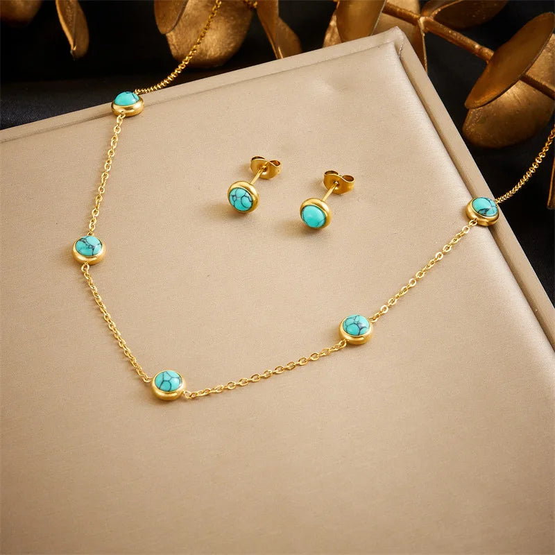 Gold Turquoise Chain Necklace, Earrings & Bracelet Jewellery Set | Boho Luxury Fashion Set