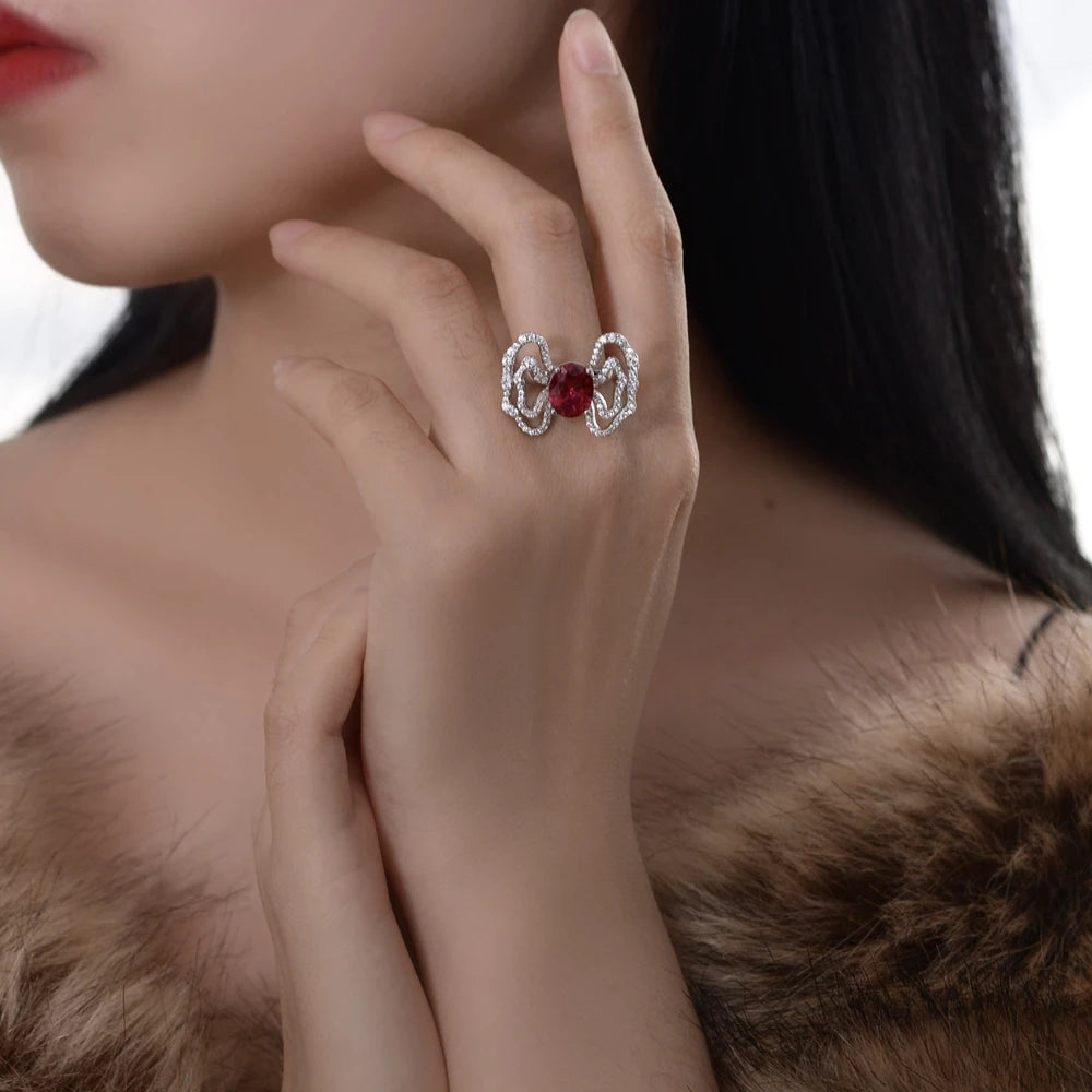 MuShan Jewelry Factory New 2ct Egg Shaped 8*10 Lab Grown Red Gem Ring for Women Auspicious Cloud