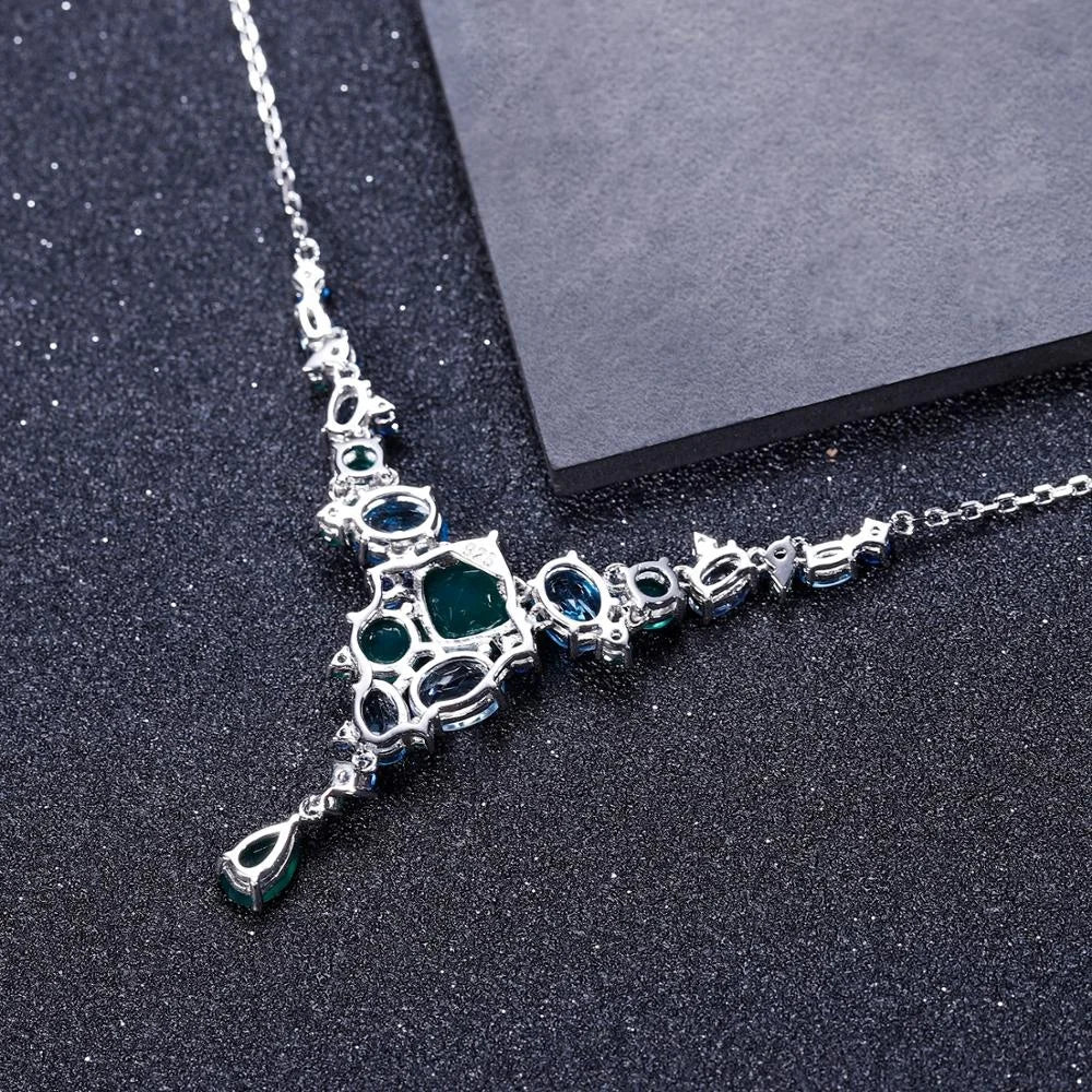 ArtistA Abiding Luxury Cluster Setting Silver Natural Green Agate Blue Topaz Multi-Stone Y-Necklace Ring and Dangle Drop Earrings Set
