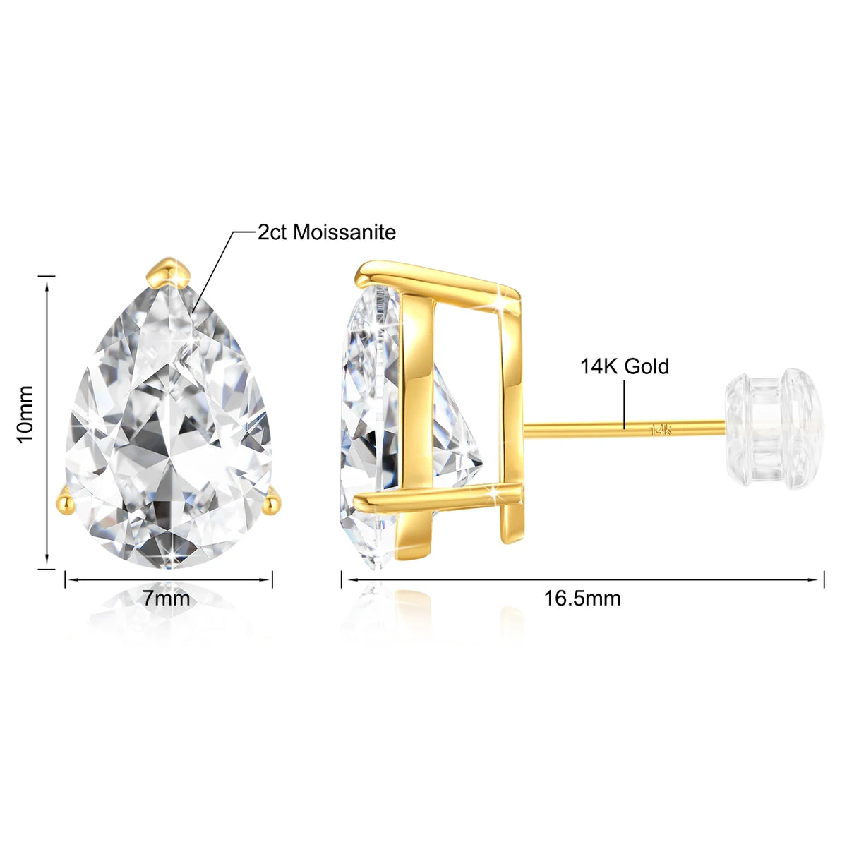 Gioiellieri Luxury Fine Jewellery Gift Christmas Engagement Woman Real 14K Gold Hollow 1ct 2 Carat Pear Cut Moissanite Gold Stud Earrings