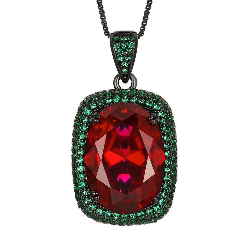 Gemfiori Luxury Vintage Gothic Royal Blue Sapphire Jewelry Set Black Gold Plated Cushion Cut Blue Gem Halo Pendant Necklace Earrings Ring