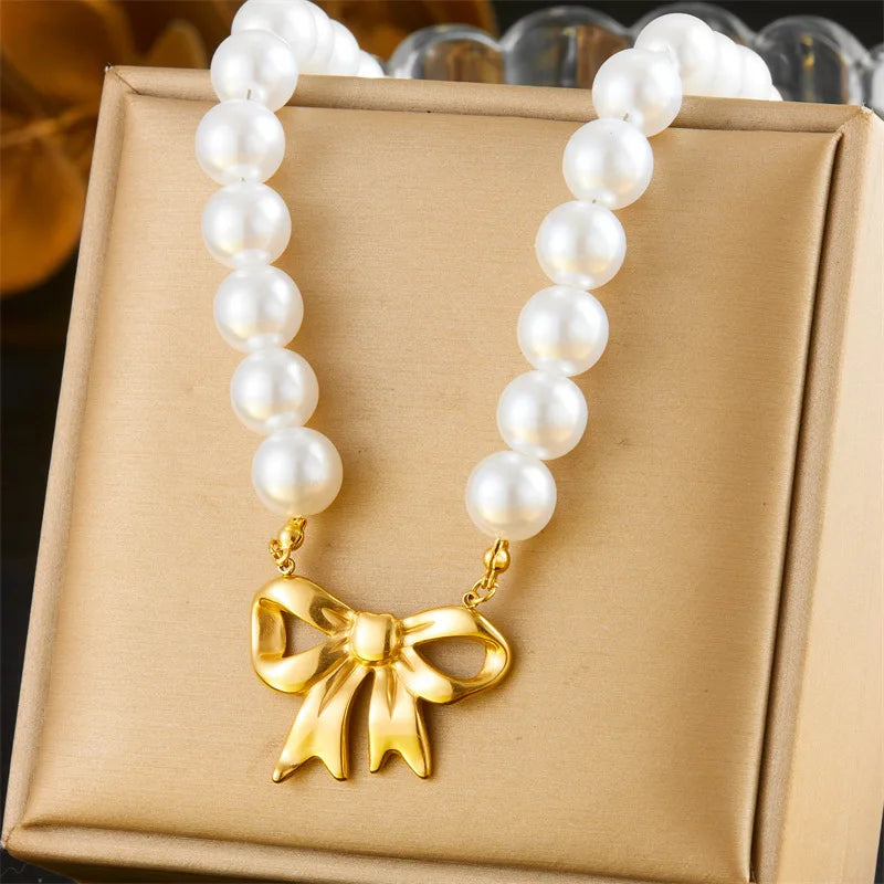 Women's French Vintage Design Pearl Chain Gold-plated OT Clasp Stainless Steel Scallop Starfish Pendant Bracelet Necklace Set