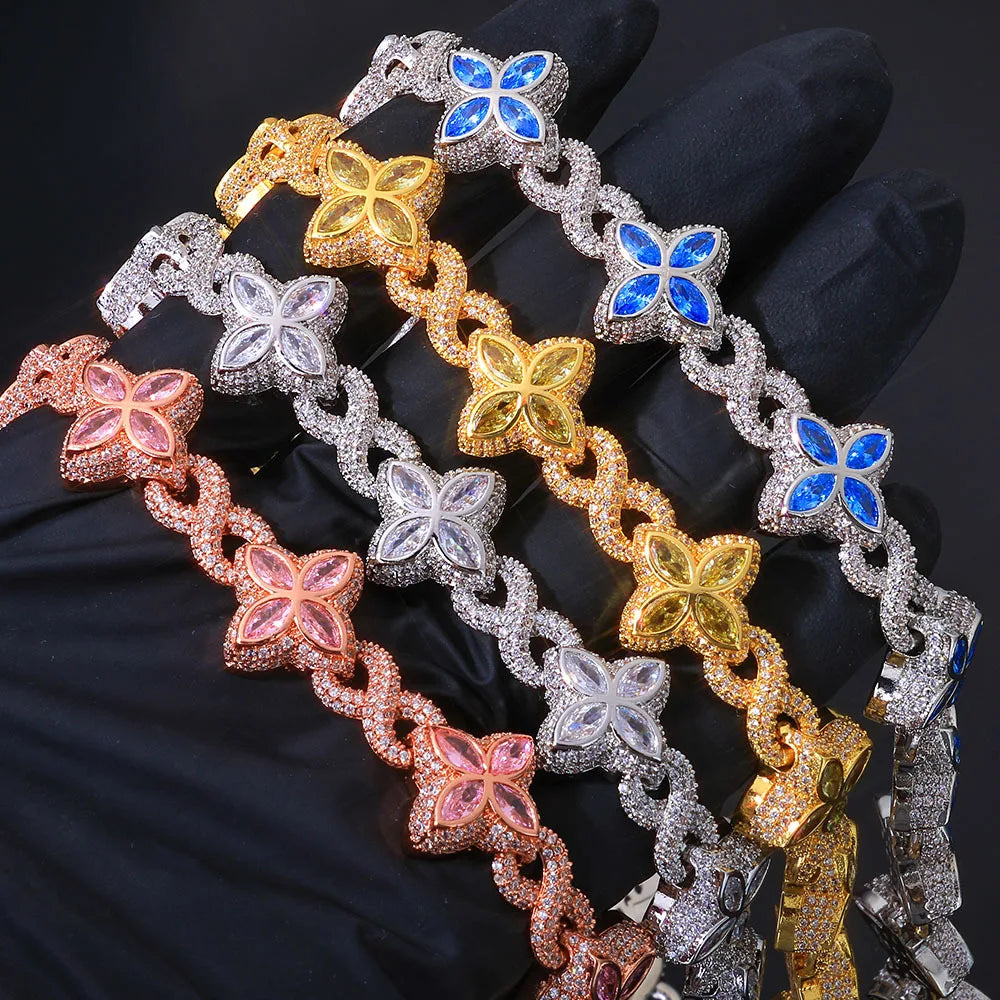 REBEL European American Hip Hop Four Leaf Clover 8-Character Chain Cuban Link Unisex Iron Plant Pattern High-End Bracelet