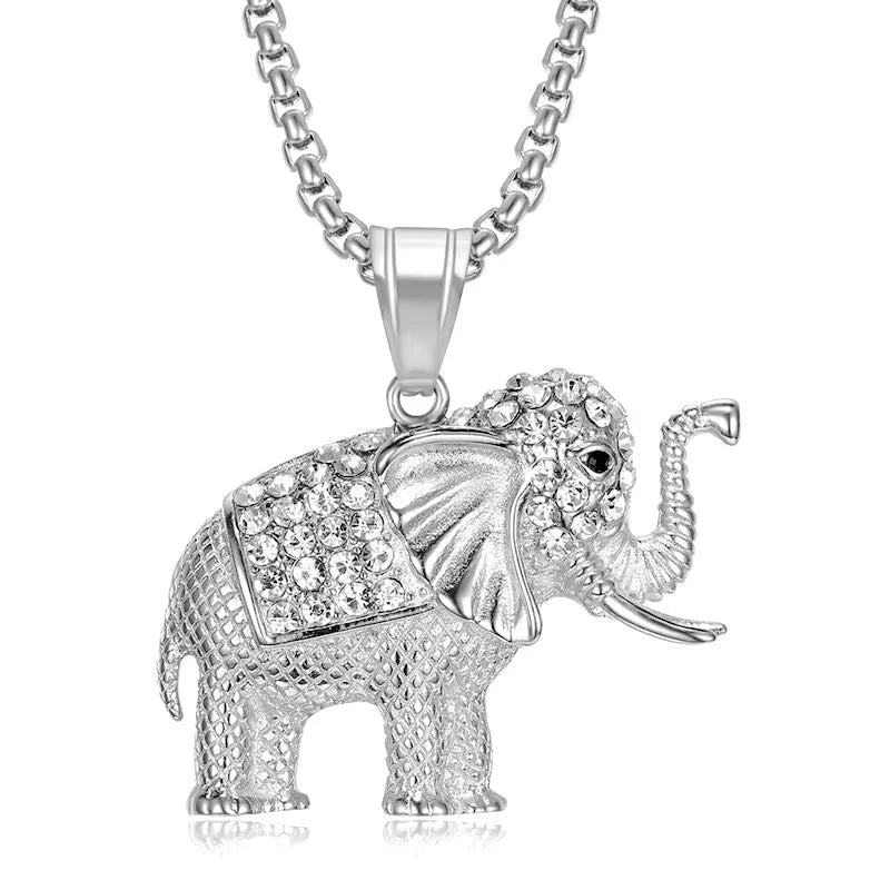 Hip Hop Animal Elephant Cubic Zirconia Waterproof Tarnish Free Stainless Steel Jewelry Pendant Necklaces for Male Man Mens