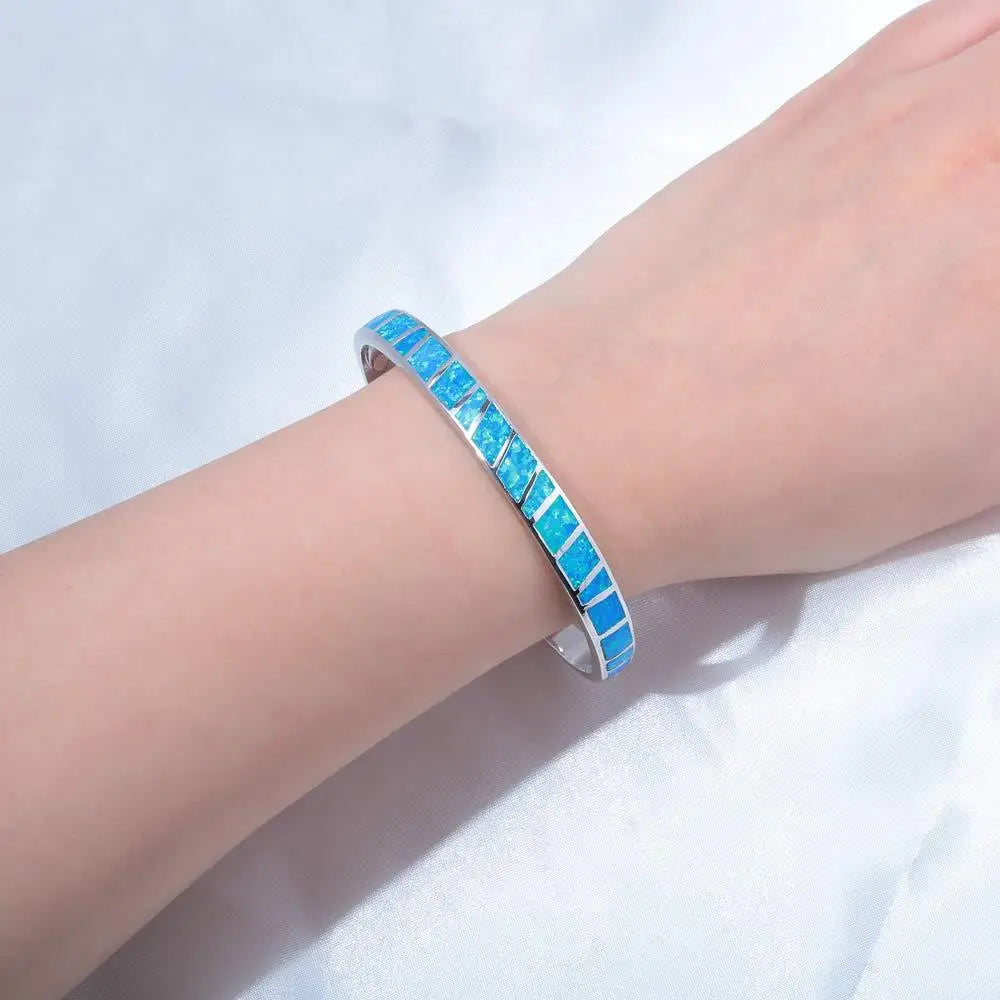 Opal Hawaii Style Blue Square Stripe Silver Plated Women's Cuff Bracelet Handmade Inlaid Opal Jewelry for Anniversary Wholesale