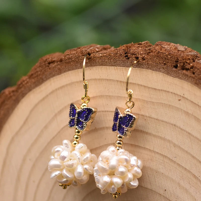 Natural Fresh Water Pearl Cloisonne Butterfly Romantic Drop Earrings Designer Spherical Charm Earrings for Women