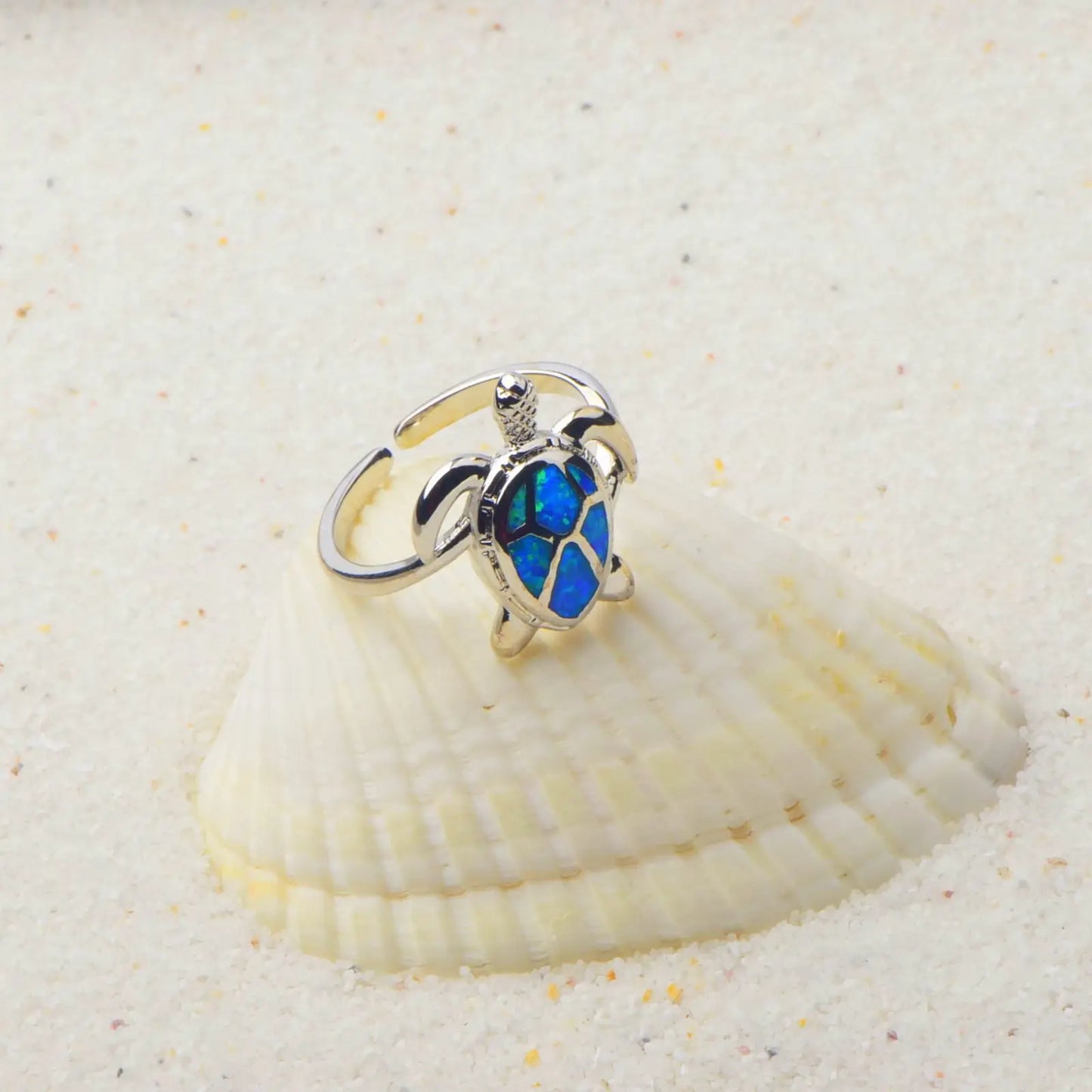 3D Sea Turtle Opal Open Ring | Blue Iridescent Gem & Zircon Accent | Stainless Steel Animal Jewelry for Women Trendy Style
