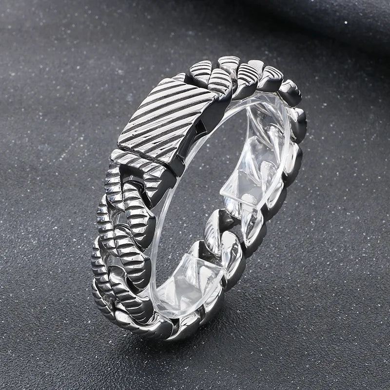 KALEN Vintage Fine Jewelry Fashion Bracelets Men Stainless Steel Striped Cuban Links Bracelet Bangle