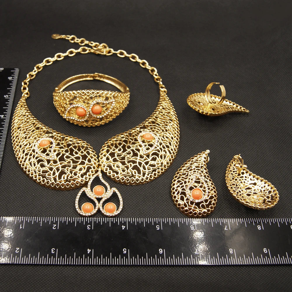 Zhuerrui Exquisite High End Collar Italian Gold Designer Jewelry Sets Music Symbol Pendant Bracelet Earring Ring Jewelry H00550