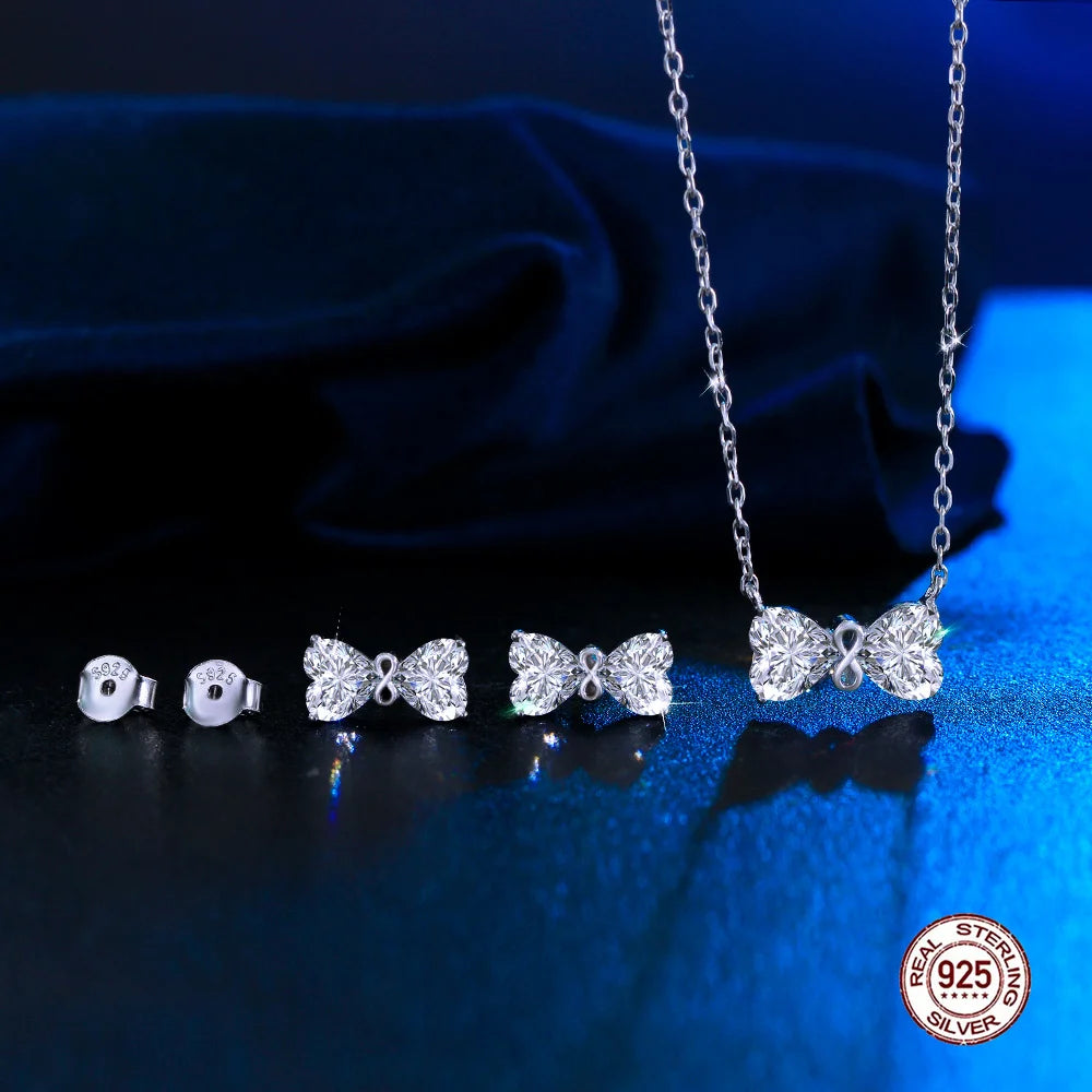 Fine Jewelry 925 Sterling Silver Shiny White Heart CZ Cubic Zirconia Bowknot Shape Jewelry Set for Women Girls Daily Wear Gifts