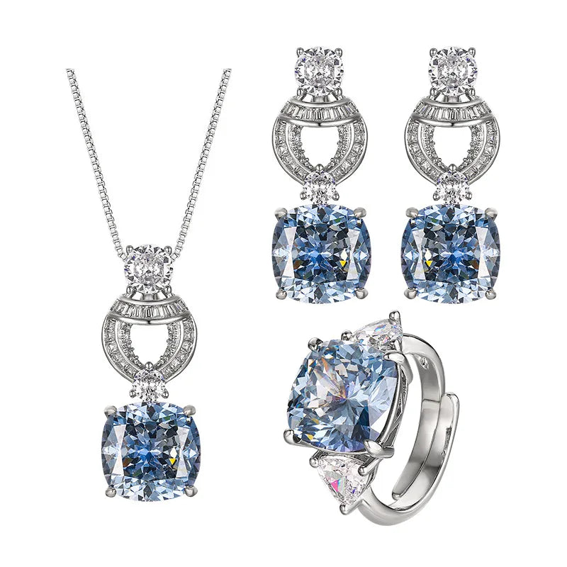Fashion Eco-friendly Copper 12*12MM Blue Zircon Brass Square Pendant Earrings Ladies Necklace Jewelry Set for Refined