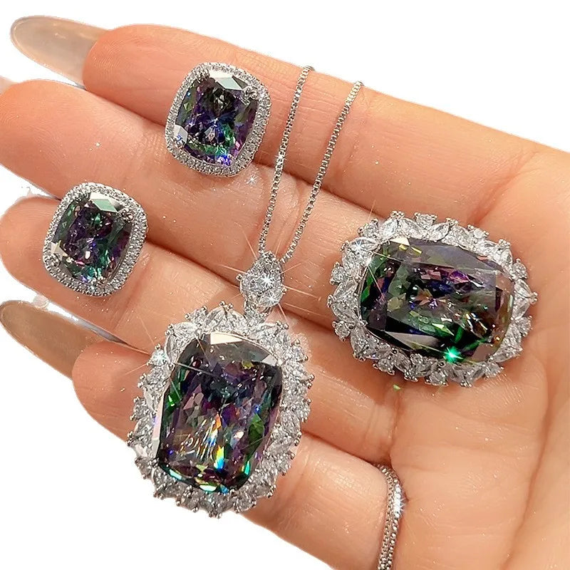 S&S Gold Plated Vintage Zircon Jewellery Set – Pendant, Ring & Earrings – Cushion Cut – Collection