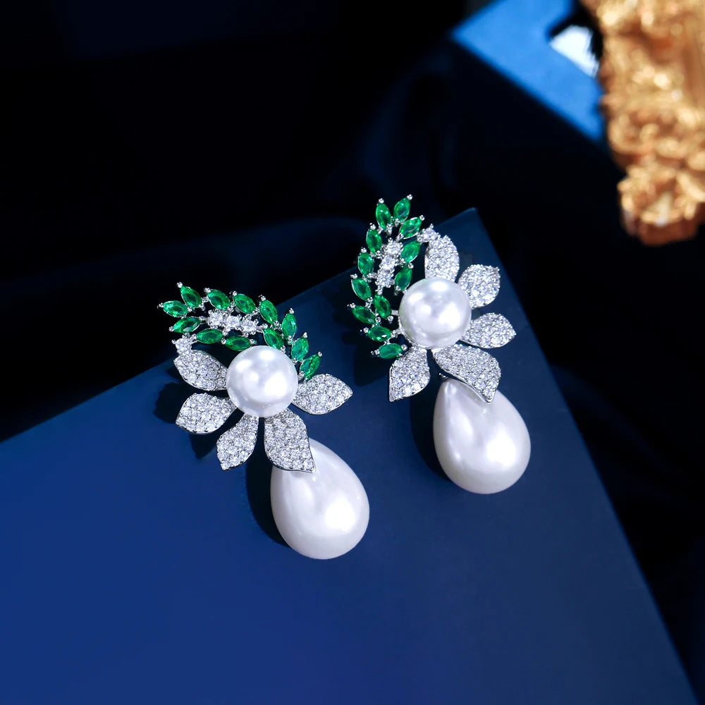 S&S Green CZ Leaf & Pearl Dangle Drop Earrings – Marquise Cut – Rhodium Plated – Collection
