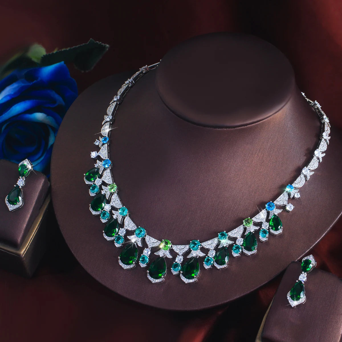 Trendy CZ Jewelry Set Light Blue Round Green Drop Zirconia Tennis Necklace Earrings Jewelry Set for Women Lady Valentine's Gift