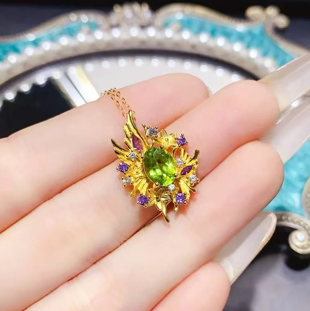 REDheart Luxury Gold Plated 925 Sterling Silver Natural Peridot Necklace Ring Kids Jewelry Set Wedding Party Birthday Gifts