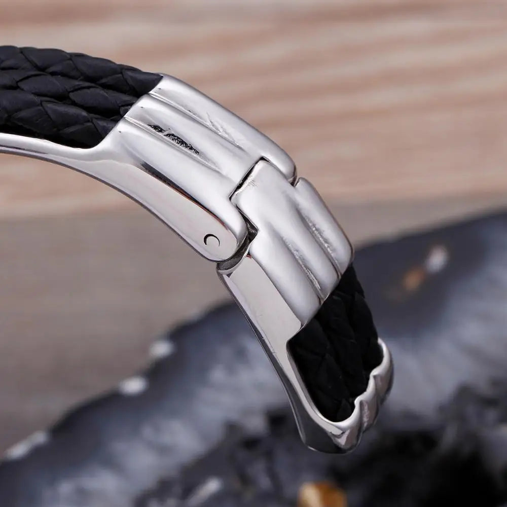 VIKING Mens Trendy Leather & Stainless Steel Cuff Bracelet – Silver