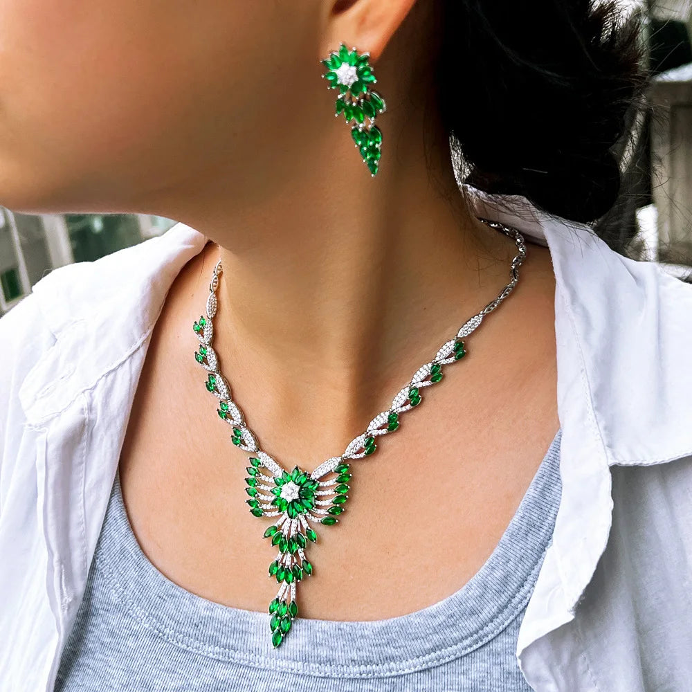 Wholesale Women Luxury Jewelry Cubic Zirconia Stone Paved Necklace and Drop Earrings Bridal Green Jewelry Set for Wedding