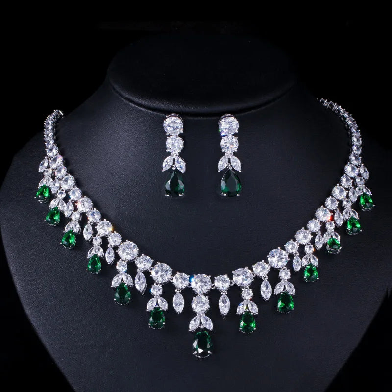 Luxury Dark Blue Women Wedding Party Dress Jewellery Big Dangle Drop Bridal CZ Necklace Earrings Jewelry Sets