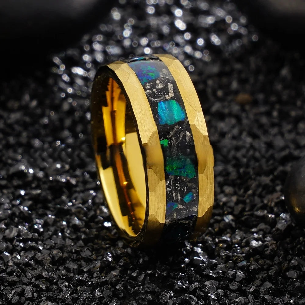 New Classic Unisex 18K Gold Plated Hammered Tungsten Steel Ring 8mm with Inlaid Blue-Green Opal Meteorite