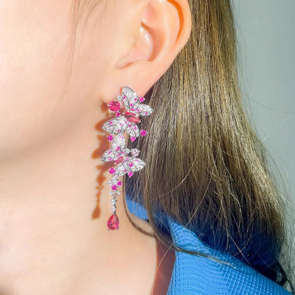 S&S Red CZ Butterfly Long Dangle Drop Earrings – 925 Silver Pin – Rhodium Plated – Collection