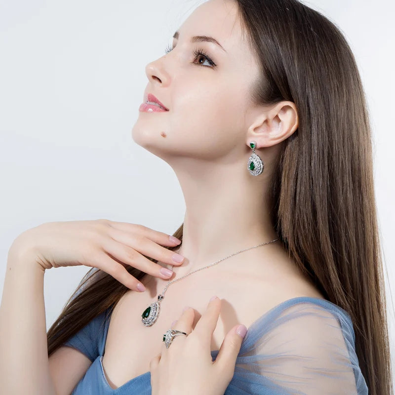 3 Layers Cubic Zircon Paved Purple Big Water Drop Silver Color Women Wedding Engagement Jewelry Set of Earrings Necklace Ring