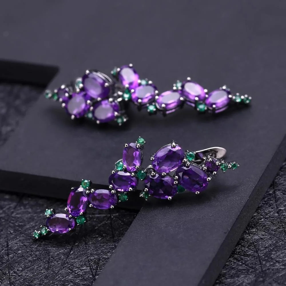 ArtistA Abding Lucky Purple Gemstone Beautiful Natural Amethyst Cluster Setting Leaf Buds Vine Long Drop Flower Tassel S925 Jewelry Set