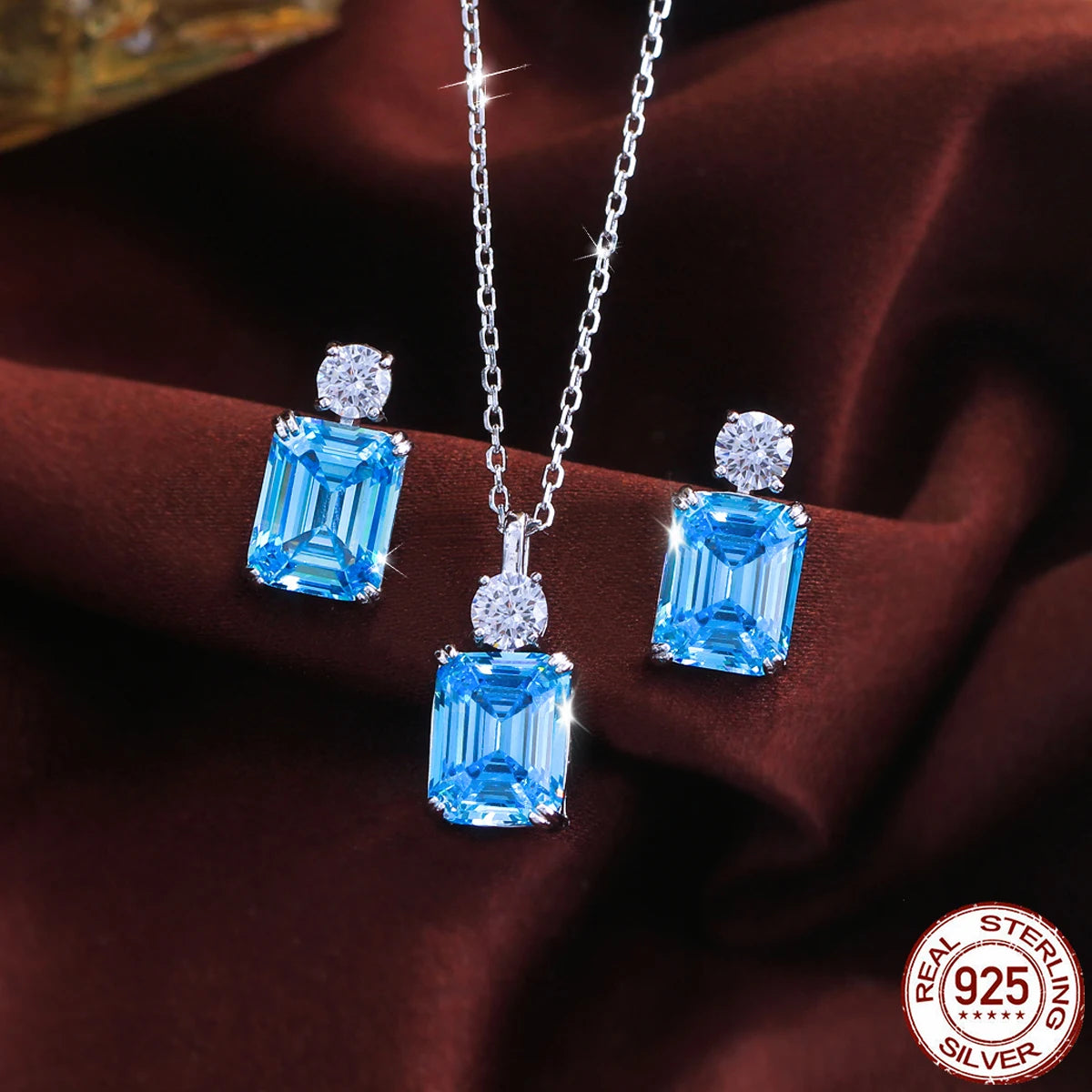 S&S 925 Sterling Silver Blue Baguette CZ Jewellery Set – Necklace & Earrings – Collection