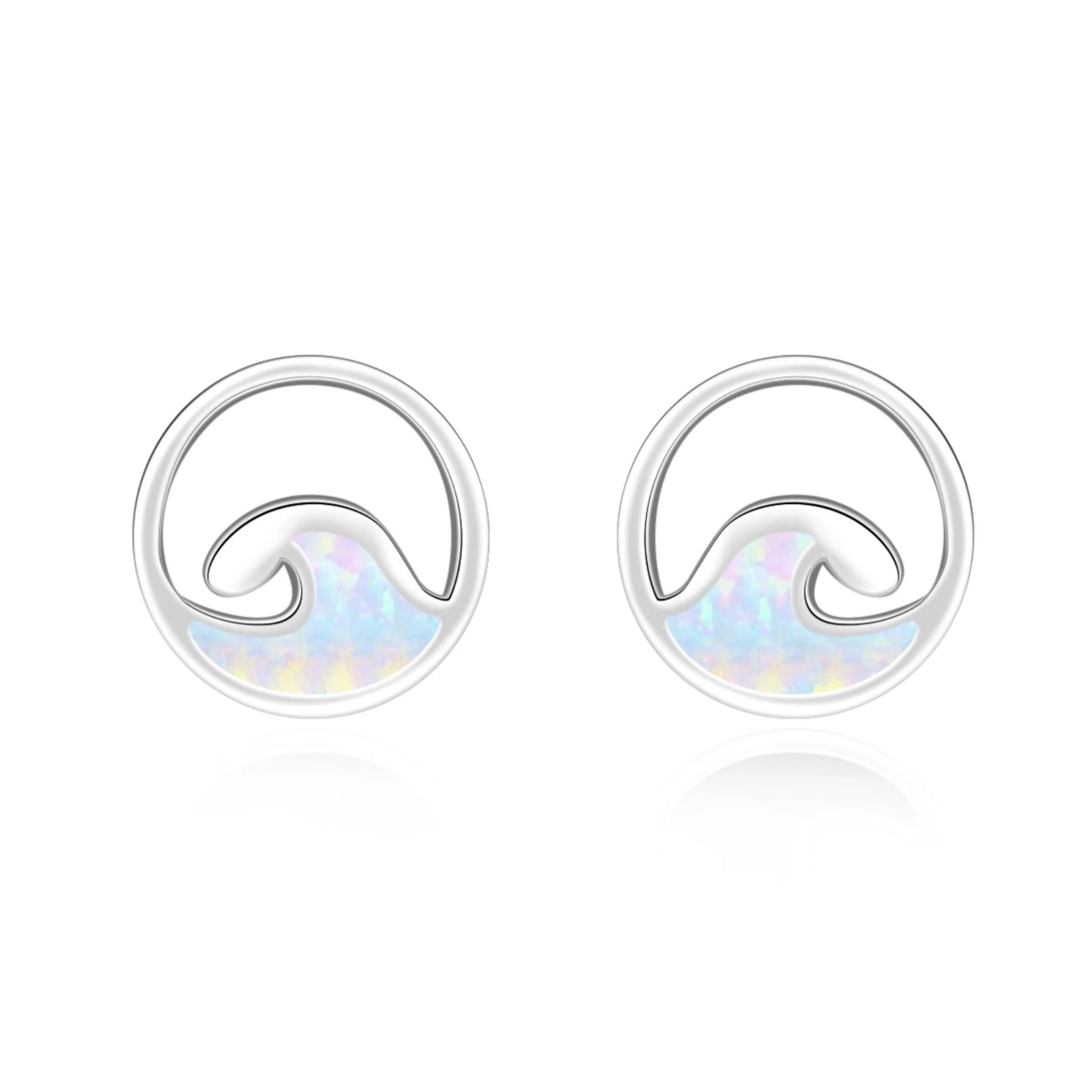 Ocean Wave Opal Stud Earrings - Blue Fire Opal Inlaid Circle Wave Design | Coastal Minimalist Jewelry Bulk Gifts