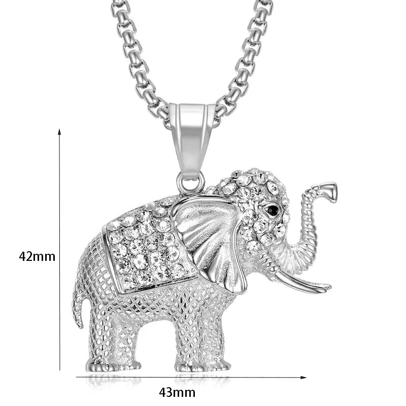 Hip Hop Animal Elephant Cubic Zirconia Waterproof Tarnish Free Stainless Steel Jewelry Pendant Necklaces for Male Man Mens