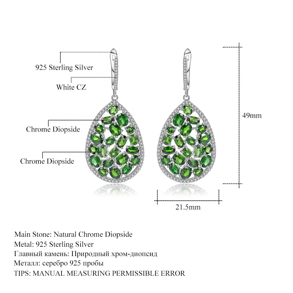 ArtistA Fancy Oval Cut Natural Chrome Diopside Cluster Setting Tear Water Drop Shape Pendant Earrings and Ring S925 3 Piece Jewelry Set