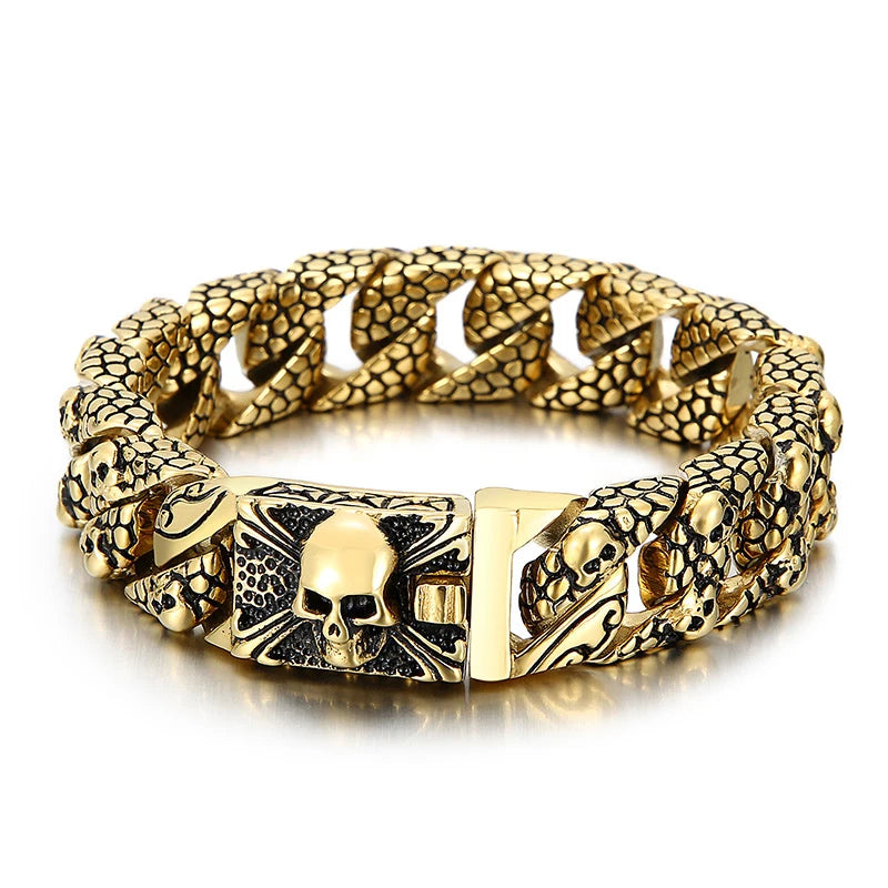 REBEL Hiphop Fashion Vacuum Plating Black Patten Skull Casting Bracelet Men Stainless Steel Jewelry Bracelets Bangles