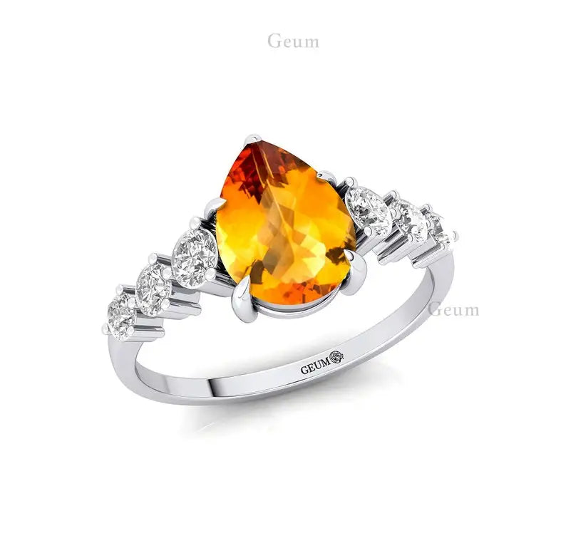 Natural Gemstone Dazzling Pear Cut Citrine 18k Solid Rose Gold Bridesmaid Cluster Rings with Genuine Diamonds at Wholesale Price