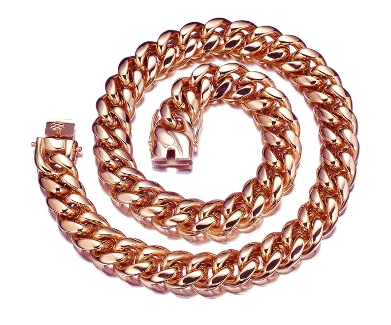 14mm Rose Gold Cuban Necklace for Men Titanium Steel Stainless Encryption Chain European American Hop Style
