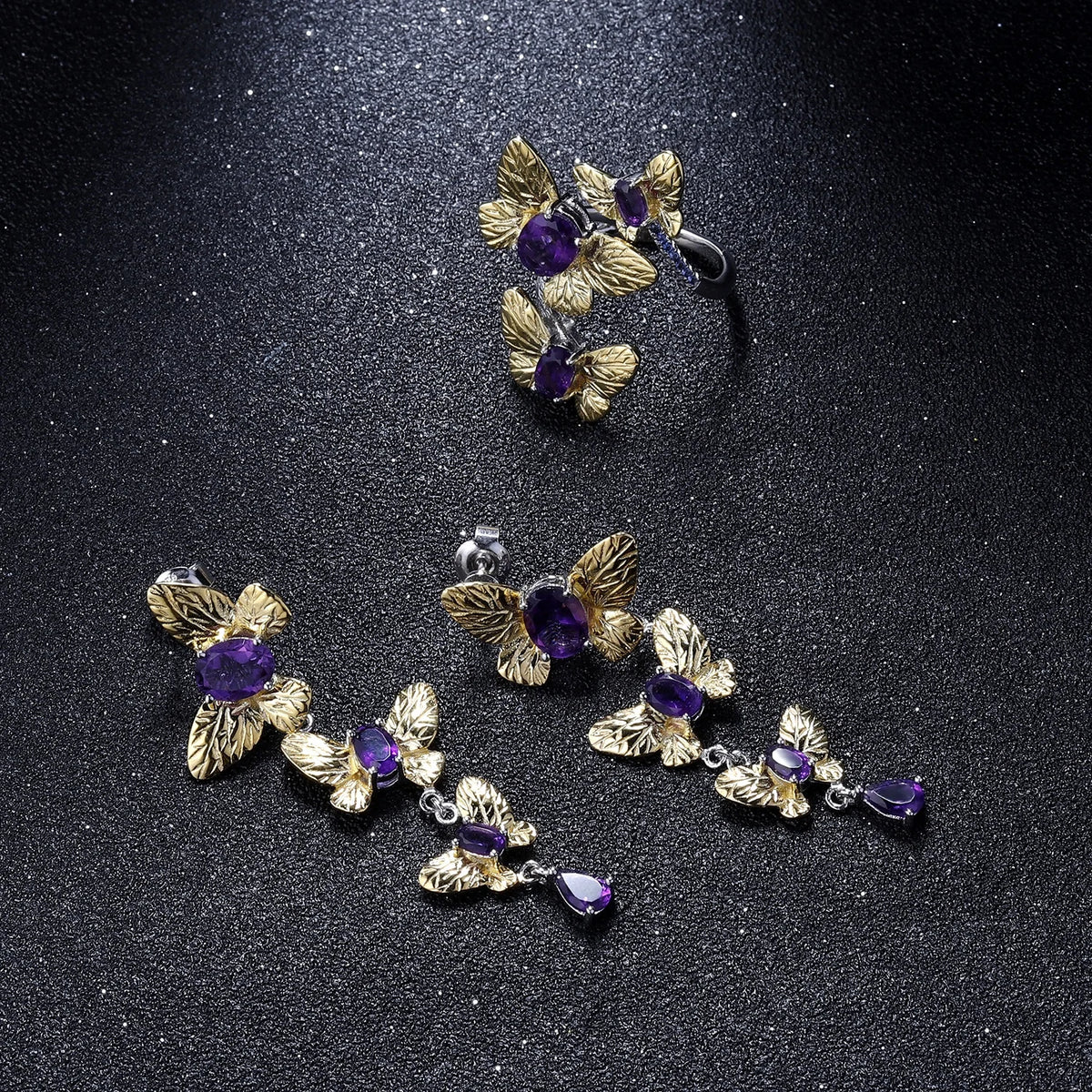 ArtistA Abiding Factory Custom 925 Sterling Silver Ring Gold Plated Design Butterfly Oval Natural Amethyst Women Open Ring