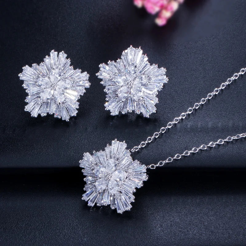 S&S CZ Snow Flower Pendant Necklace & Stud Earrings Set – White Gold – 4 Colours – Collection