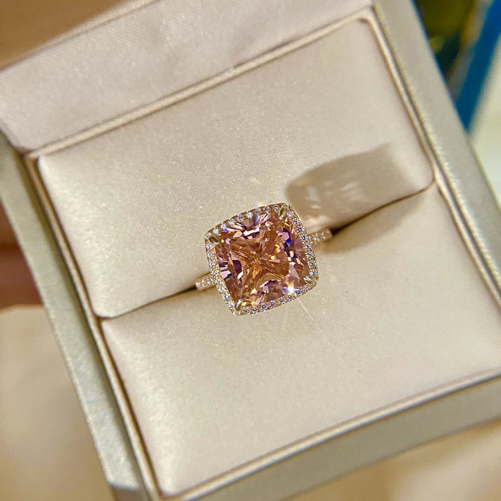 MuShan Jewelry Factory New 5 Carat Sterling Silver Morgan Pink Fat Square 10*10 High Carbon Diamond Ring Exudes Sense of Luxury
