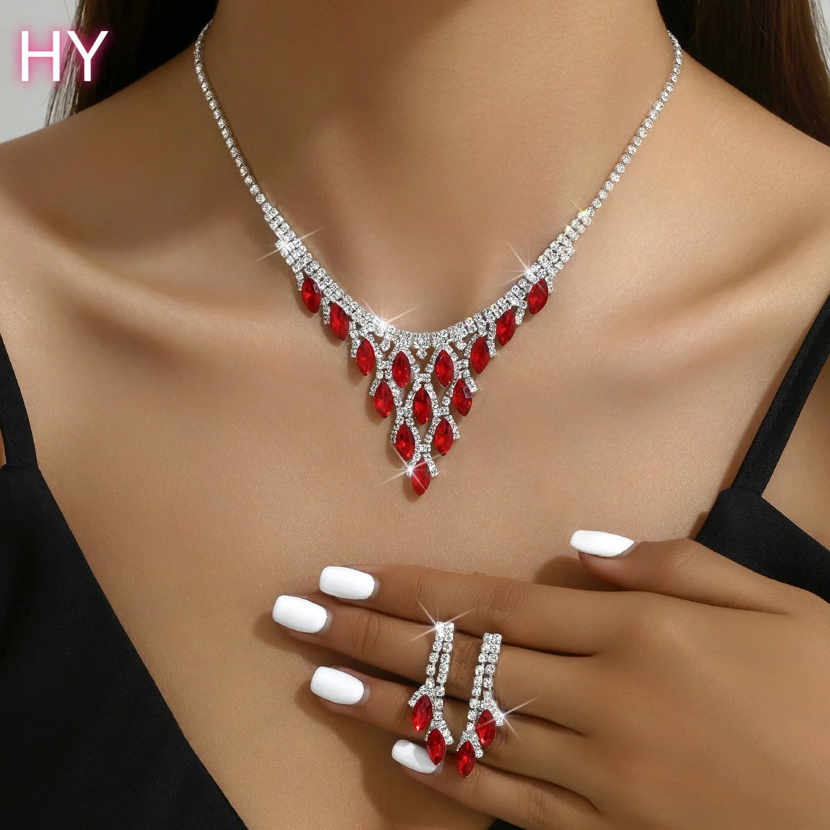 HY  Crystal Claw Chain  Plated Wedding Dress Accessory Set Red Horse Eye Zircon Elegant Necklace Bracelet Earring Gift