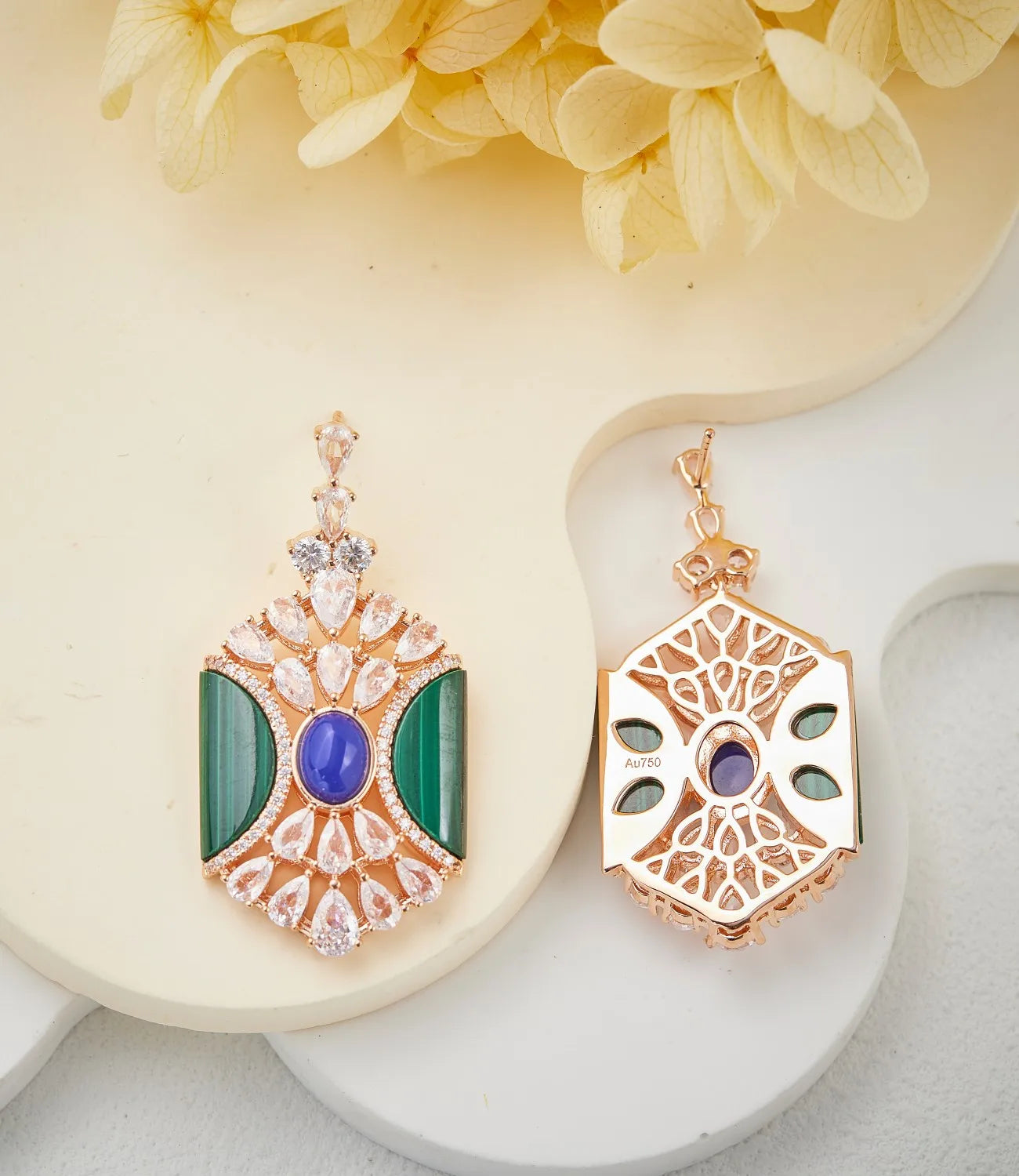 Luxury Green Malachite & Blue Stone Claw-Set Long Tassel Pendant Necklace & Earrings Dubai Bridal Set — Rose Gold Plated